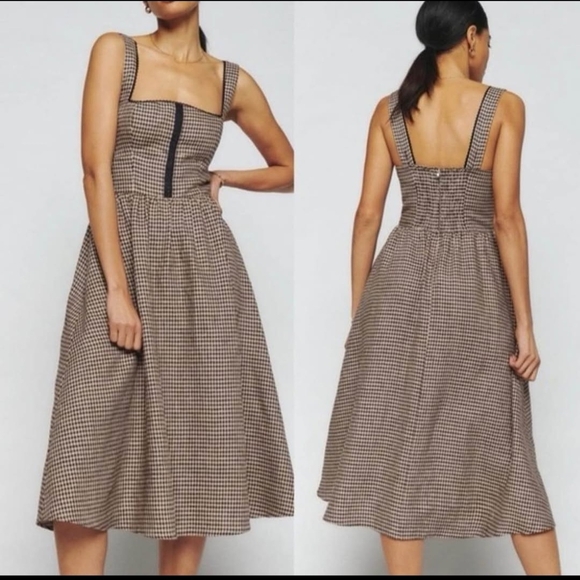 Checked Square-Neck Midi Dress in Brown - Picture 2 of 10